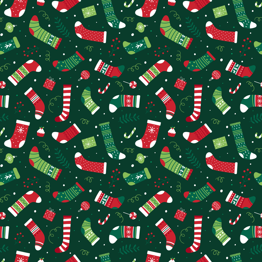 Seamless Christmas pattern with assorted Christmas socks. Bright vector background for wrapping paper, fabric.. Seamless Christmas pattern with assorted Christmas socks.