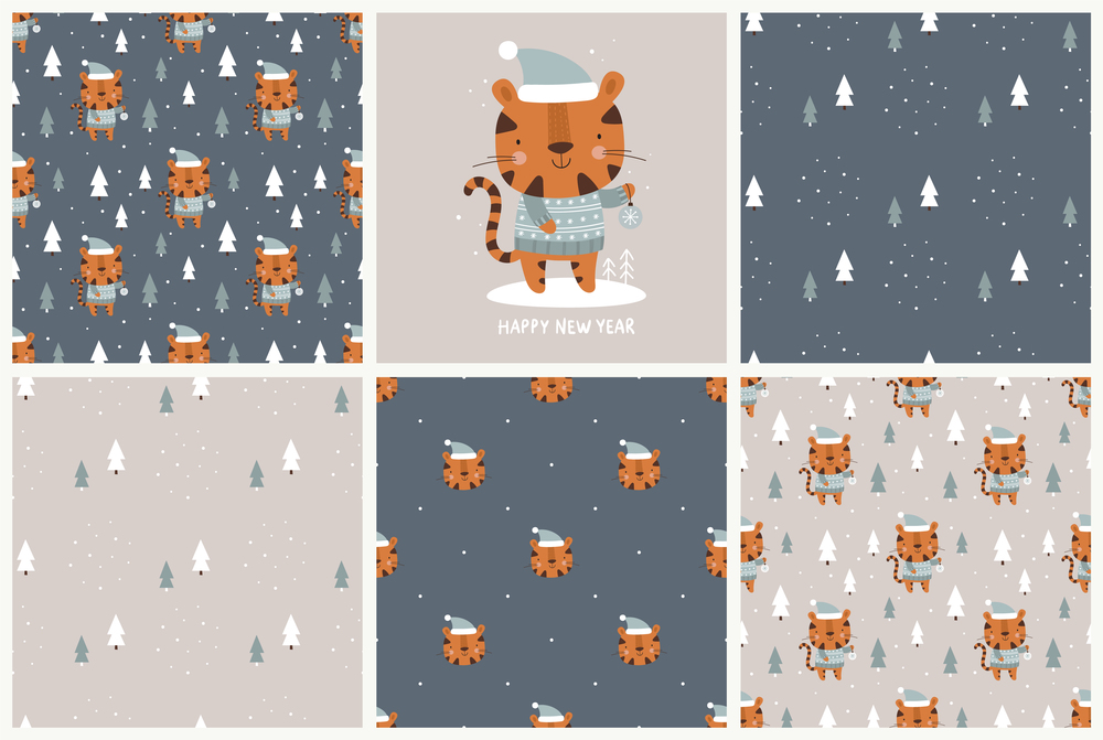 Set of seamless winter patterns with cute tiger. Vector seamless background for winter holidays decoration, fabric, children s textiles.. Set of seamless winter patterns with cute tiger.