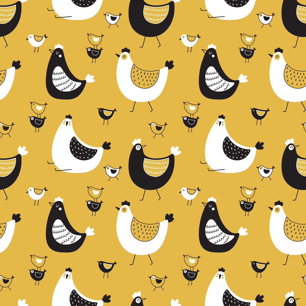 Hens and chickens seamless vector pattern . Creative childish texture on yellow background for, easter, fabric, paper.. Hens and chickens seamless vector pattern . Creative childish texture on yellow background