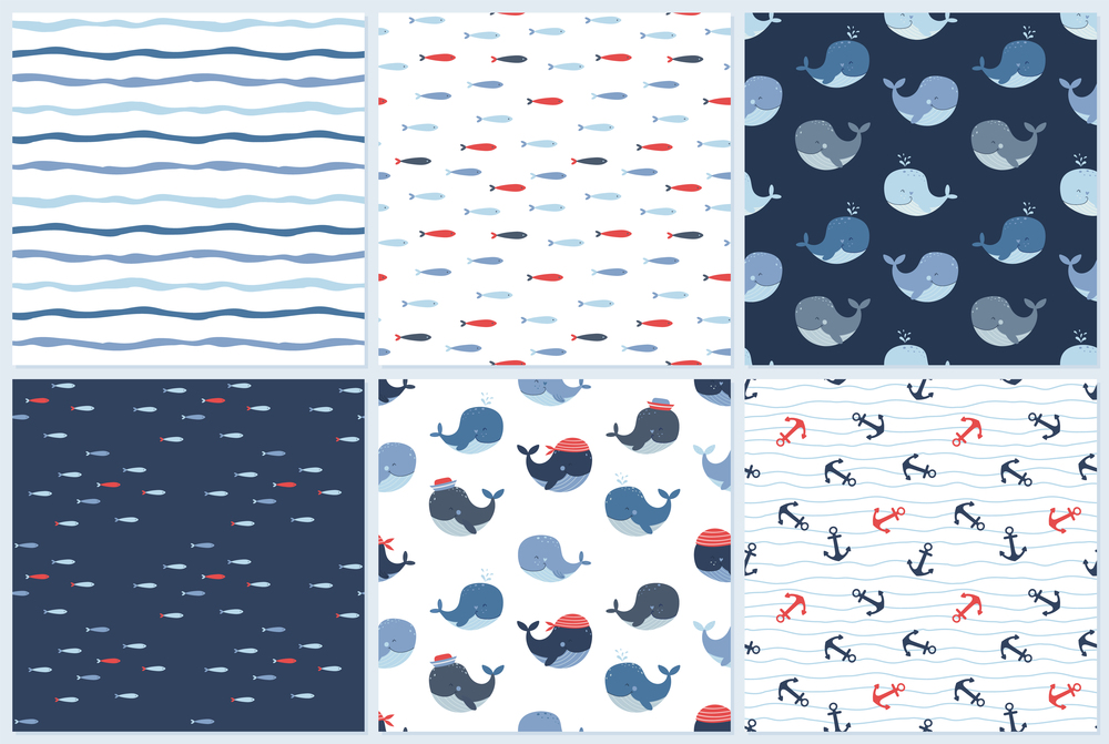 Set of nautical seamless patterns with anchors, fish, whales and waves. Vector seamless background for children s textiles, wallpapers, etc.. Set of nautical seamless patterns with anchors, fish, whales and waves.