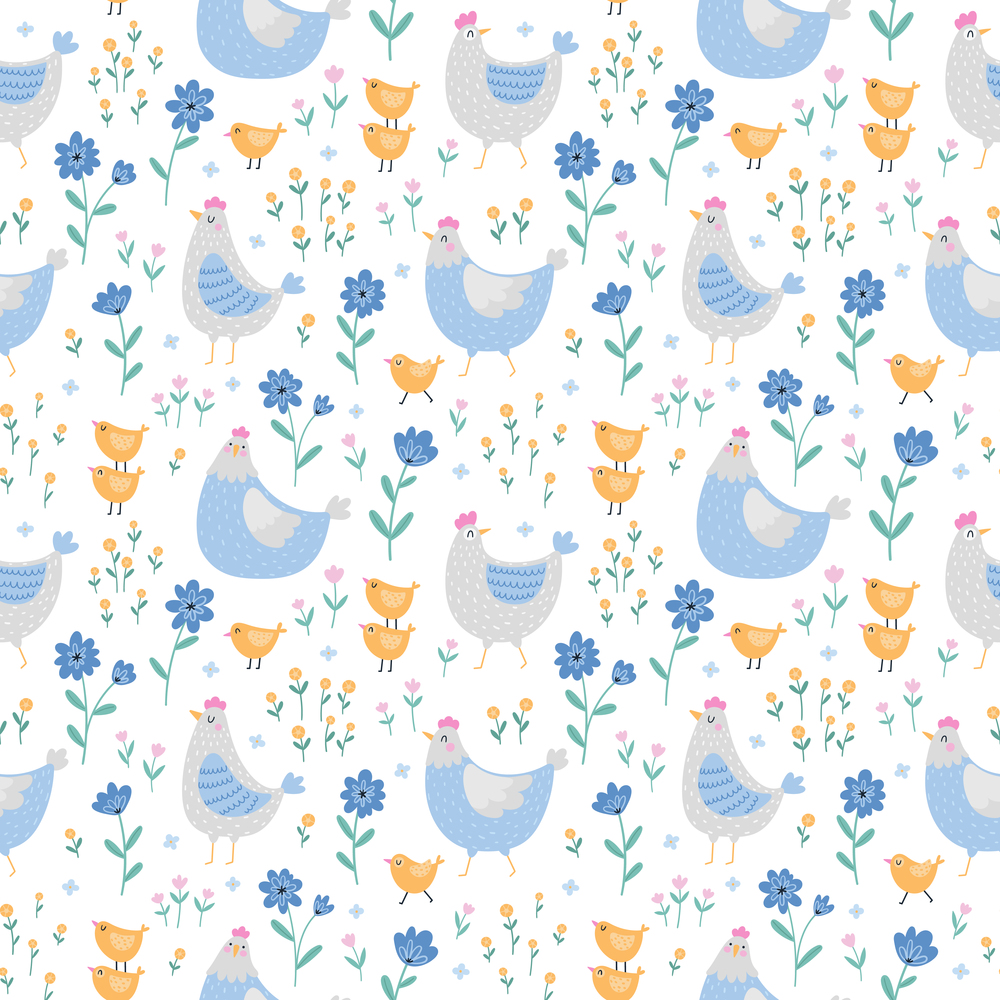 Seamless pattern with cute chickens, hens and plants on a white background. Endless repeating background with pet birds. Color flat textured vector illustration. Seamless pattern with cute chickens, hens and plants on a white background.