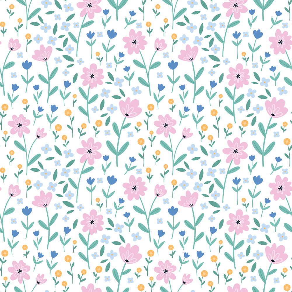 Seamless floral pattern. Beautiful flowers on a white background. Printed in small colorful flowers. Ditsy print. Seamless vector texture. Spring bouquet.. Seamless floral pattern. Beautiful flowers on a white background.