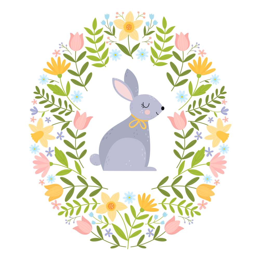 Bright template with rabbit and spring flowers. Colorful design for decoration of Easter and spring holidays. Vector illustration isolated on white background.. Bright template with rabbit and spring flowers. Colorful design for decoration of Easter and spring holidays.