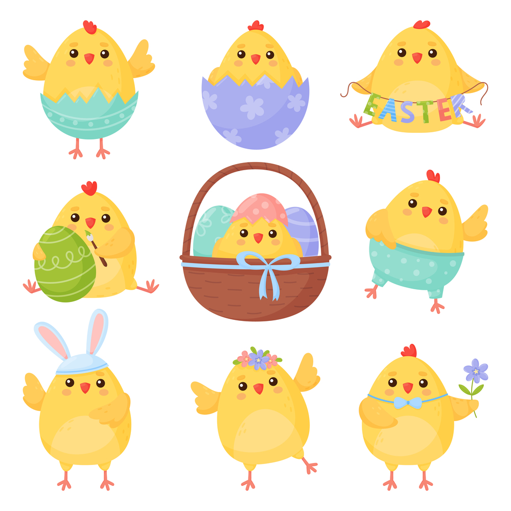 Cute easter chick cartoon character set, Adorable little chick in different situations. Vector illustration isolated on white background. Cute easter chick cartoon character set, Adorable little chick in different situations.