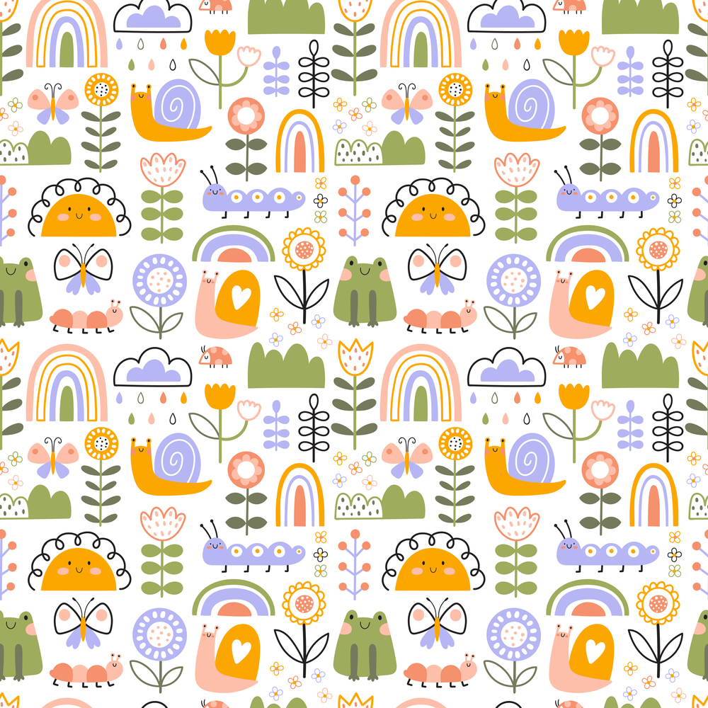 Seamless pattern with snails, frog, flowers, sun and rainbow. Vector illustration in hand drawn cartoon style. Bright palette for spring or summer design of textiles, children&rsquo;s clothing.. Seamless pattern with snails, frog, flowers, sun and rainbow. Vector illustration in hand drawn cartoon style.