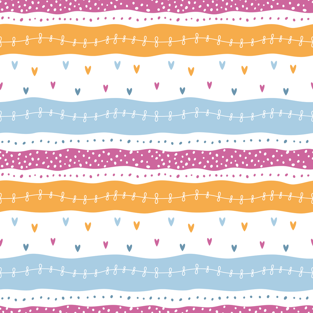 Cute striped seamless pattern with dots and hearts. Hand drawn repeating pattern for fabric, wallpaper. Cute striped seamless pattern with dots and hearts. Hand drawn repeating pattern