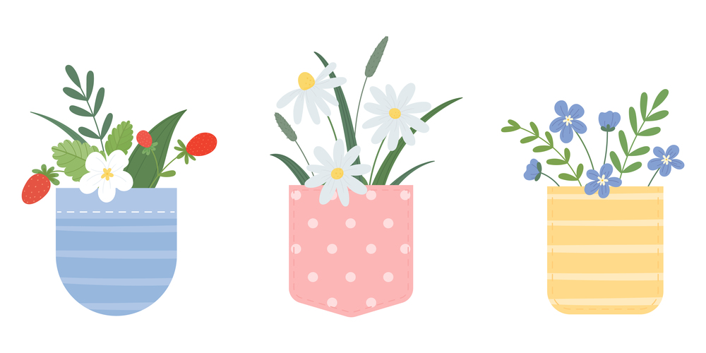 Summer flowers in a pocket. Multicolored pockets with a variety of bouquets. Vector set in simple flat style isolated on white background.. Summer flowers in a pocket. Multicolored pockets with a variety of bouquets.