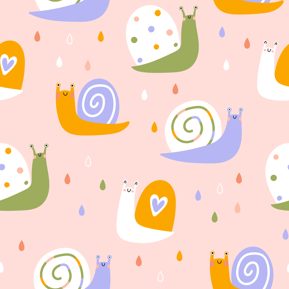 Snails in the rain seamless pattern. Summer baby vector background in pastel palette. Hand drawn childish naive illustrations in simple scandinavian style. Snails in the rain seamless pattern. Summer baby vector background in pastel palette.