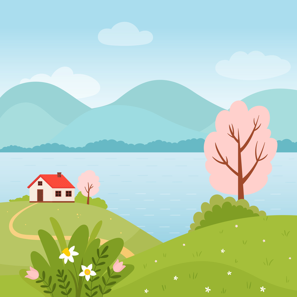 Spring landscape with house, river, flowers and trees. Vector illustration in a flat style.. Spring landscape with house, river, flowers and trees.