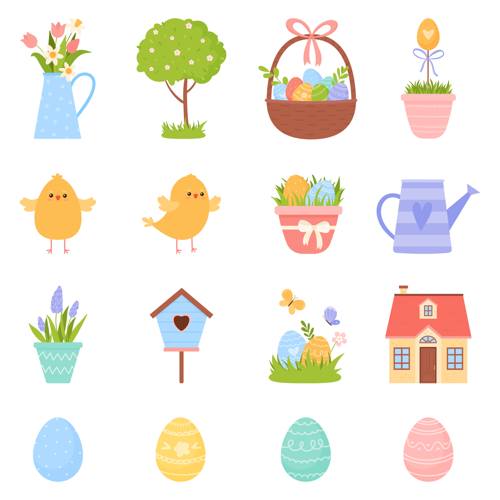 Collection of spring elements. Easter eggs, flowers, chickens, house. Flat cartoon style. Vector illustration isolated on white background. Collection of spring elements. Easter eggs, flowers, chickens, house. Flat cartoon style.