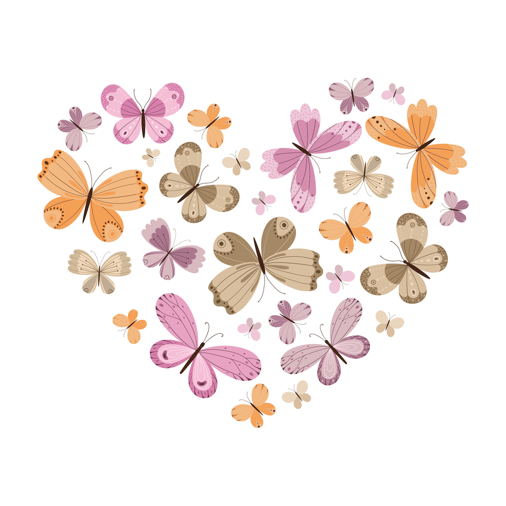 Heart from a variety of colorful butterflies. Postcard or print template. Vector illustration isolated on white background. Heart from a variety of colorful butterflies. Postcard or print template.