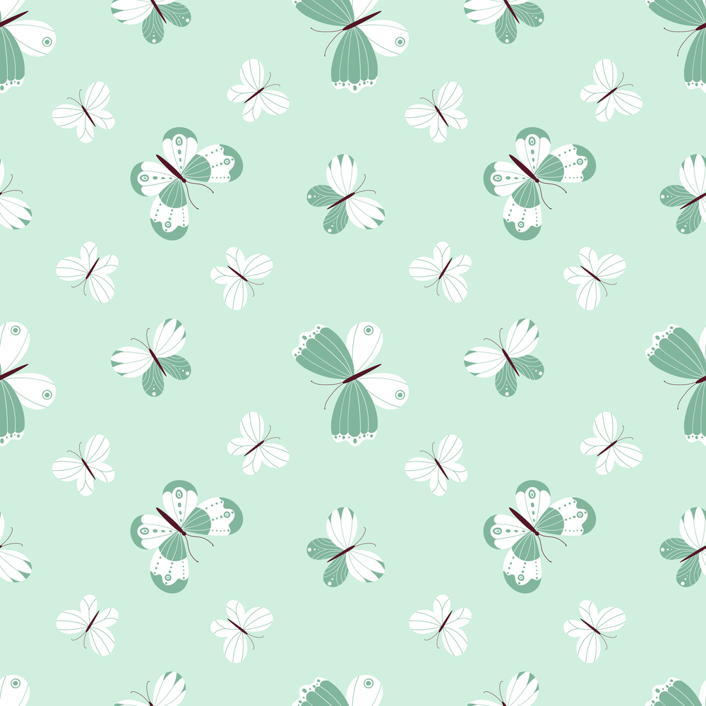 Seamless vector pattern with a variety of butterflies on a light green background. Seamless pattern for fabrics, wrapping paper, children s textiles. Seamless vector pattern with a variety of butterflies on a light green background.