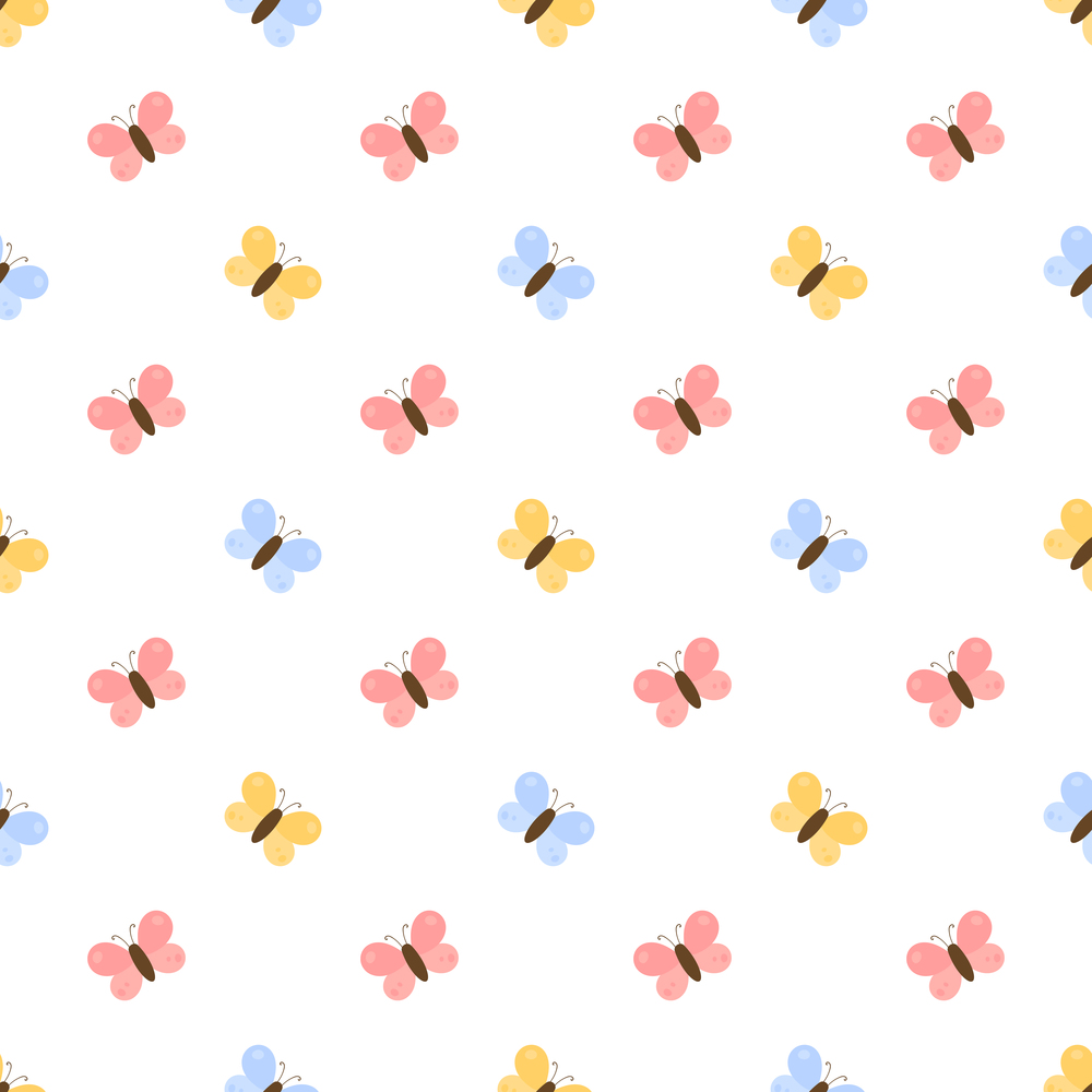 Childish seamless pattern with multicolored cute butterflies. Childish texture for fabric, wrapping, textile, wallpaper, clothes. Vector illustration. Childish seamless pattern with multicolored cute butterflies.