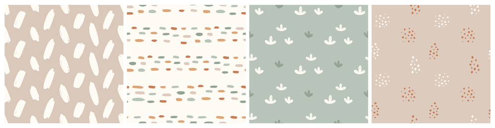 Collection of seamless matching patterns with abstract geometric textures and floral elements in cartoon flat style. Vector cartoon in pastel colors for fabric, textile, wallpaper.. Collection of seamless matching patterns with abstract geometric textures and floral elements in cartoon flat style.