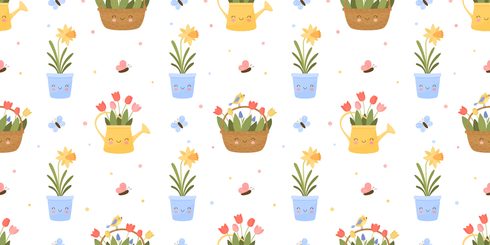 Hand drawn cartoon doodle style isolated on white background.. Seamless vector pattern with bouquets and pots of spring flowers. Cheerful faces are smiling.