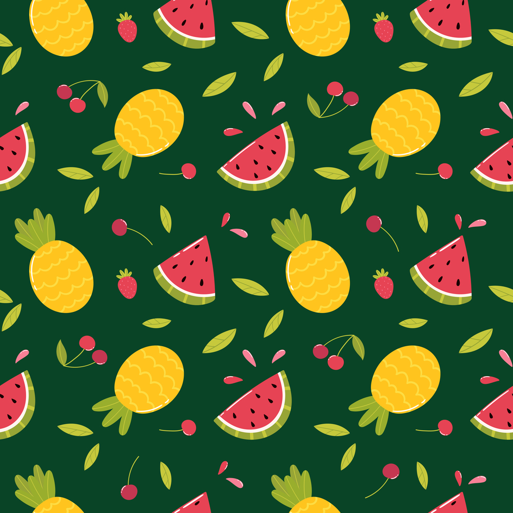Fruit seamless pattern. Bright summer fruits and berries on a dark green background. Vector cartoon in hand drawn simple flat style. Watermelon Pineapple Cherry Strawberry. Fruit seamless pattern. Bright summer fruits and berries on a dark green background. Vector cartoon in hand drawn simple flat style.