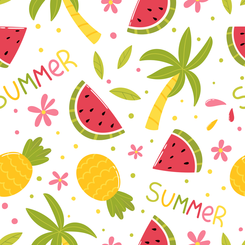 Summer seamless pattern. Vector cartoon in hand drawn simple flat style. Watermelons, pineapples, palm trees and flowers.. Summer seamless pattern. Watermelons, pineapples, palm trees and flowers.