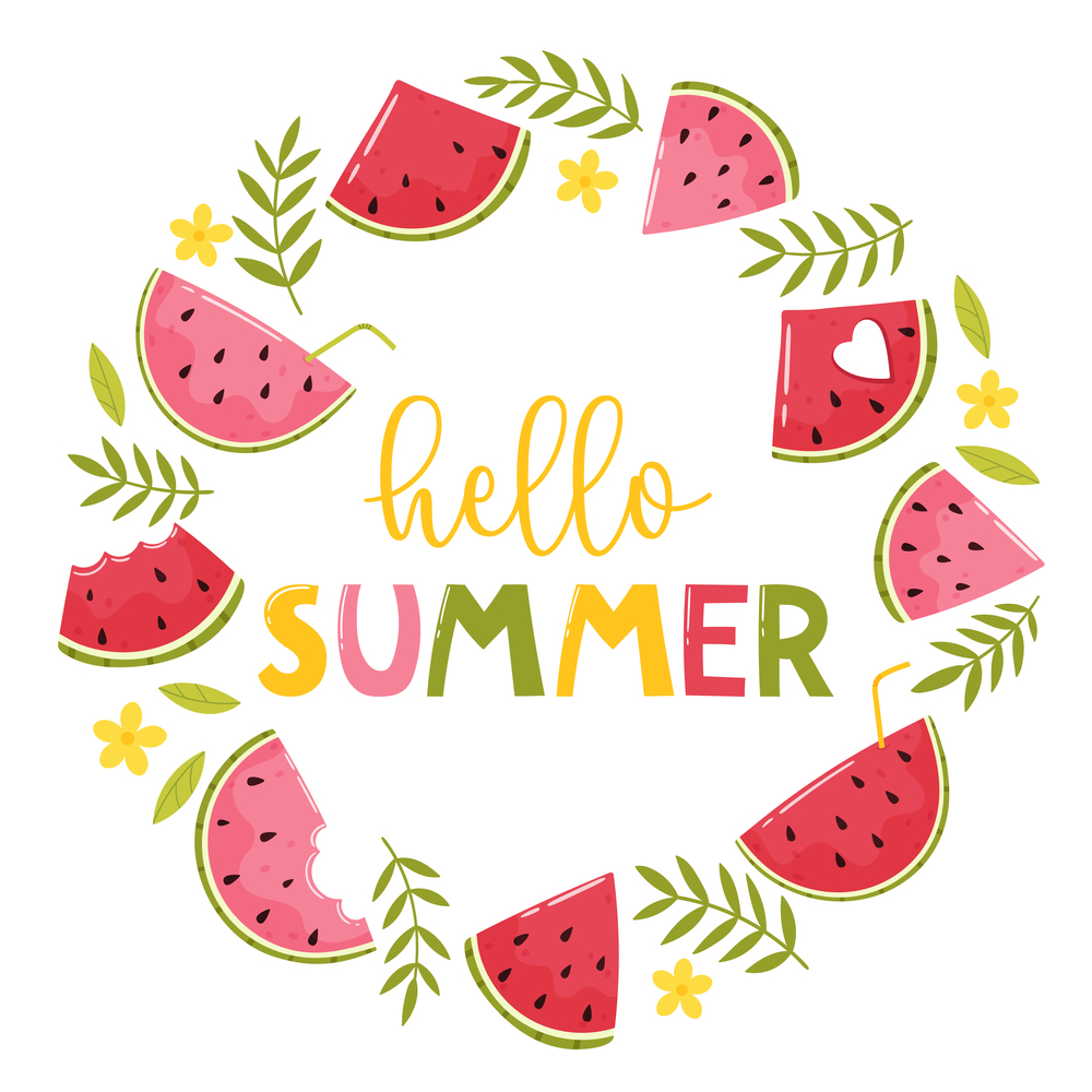 Hello summer. Template for a banner, postcard or summer print with watermelons, palm leaves, flowers and an inscription on a white background. Circle ornament.. Hello summer. Template for a banner, postcard or summer print
