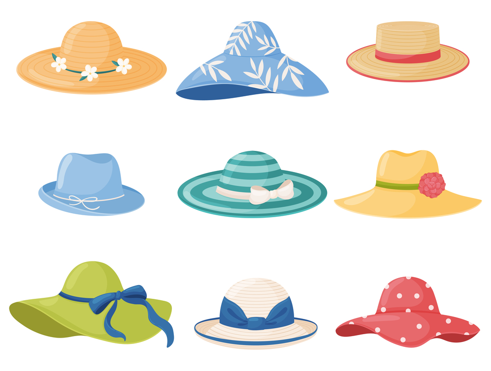 Vector set of summer women s hats isolated on white background.. Vector set of summer women s hats