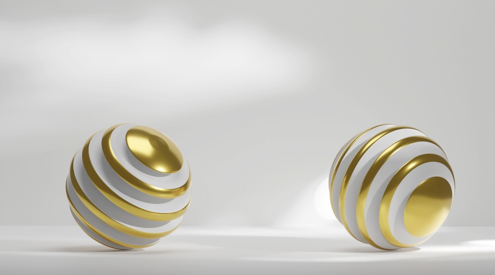 3d rendering of a white and golden sphere in a white space. A sphere with a wavy surface and convolutions, with reflections. Abstract composition