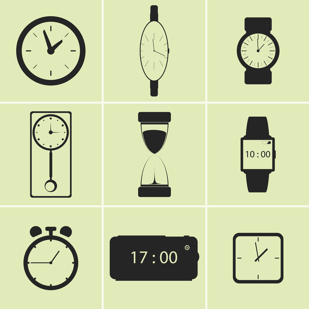 Set of icons on a theme watch, clock. Vector illustrations on the theme watch, clock