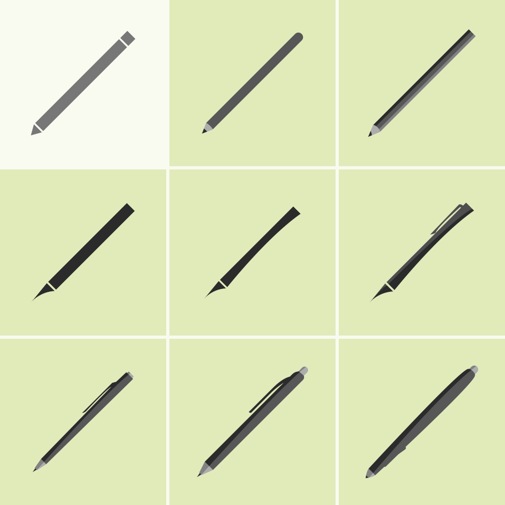 Set of icons on a theme pencil, pen. Vector illustrations on the theme pencil, pen
