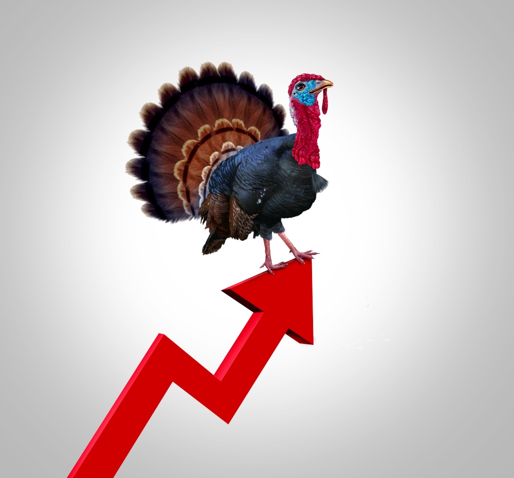 Thanksgiving inflation and rising autumn food cost or grocery prices surging costs of supermarket turkey and groceries as a financial crisis concept with an upward red finance graph arrow with 3D render elements.