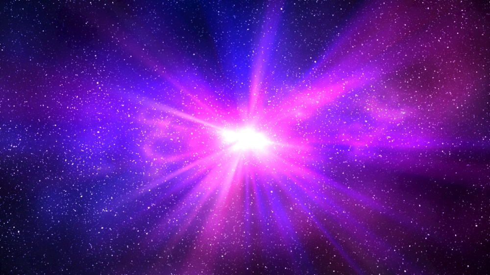 Burst of light in space. Night starry sky and bright purple blue galaxy, horizontal background. 3d illustration of milky way and universe. Burst of light in space. Night starry sky and bright purple blue galaxy, horizontal background