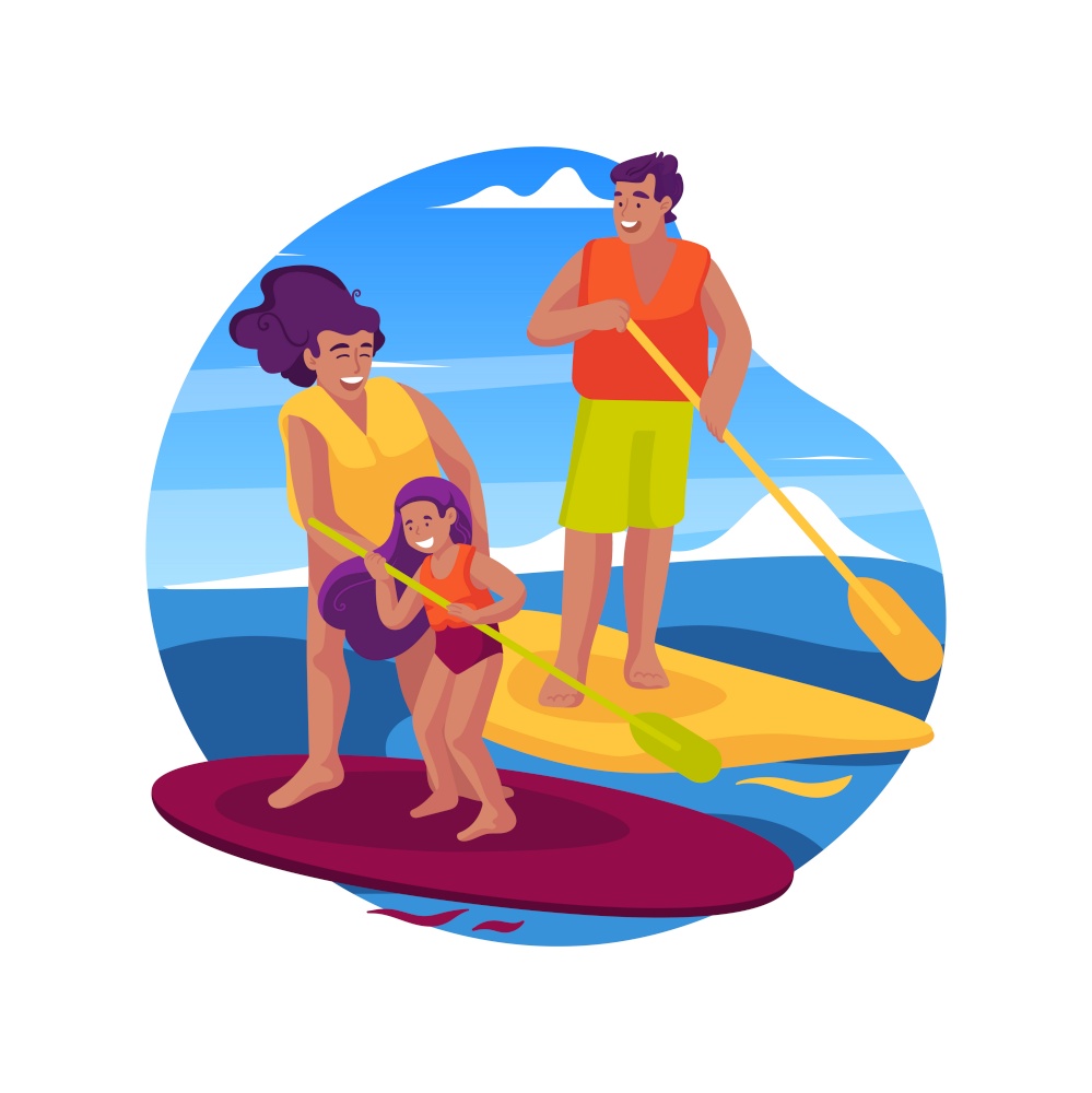 Paddleboard isolated cartoon vector illustration. Family paddleboarding on a lake, summer vacation activity, children and parents standing on a paddleboard, wearing lifejacket vector cartoon.. Paddleboard isolated cartoon vector illustration.