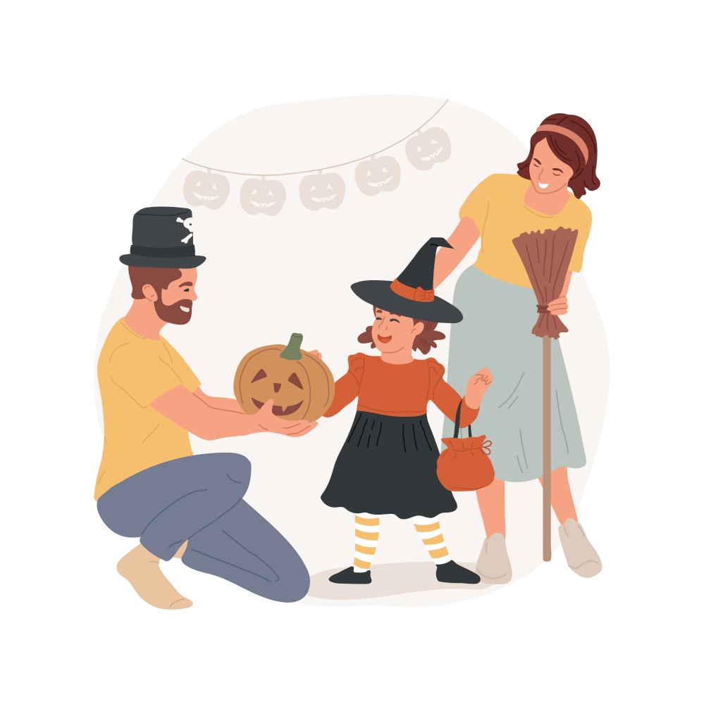 Getting ready for Halloween isolated cartoon vector illustration. Happy family preparing for Halloween celebration together, little girl trying on costumes, public holiday vector cartoon.. Getting ready for Halloween isolated cartoon vector illustration.