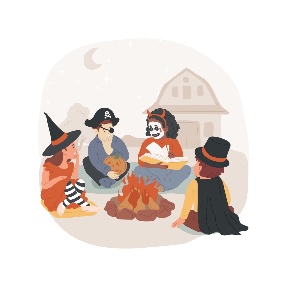 Spooky stories isolated cartoon vector illustration. Scary kids holding a book and discussing spooky campfire stories, Hallowen holiday old tradition, listening to scary legends vector cartoon.. Spooky stories isolated cartoon vector illustration.