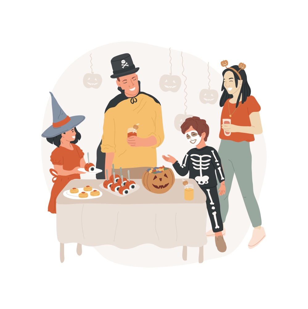 Home party isolated cartoon vector illustration. Group of happy people wearing Halloween costumes having party at home, having fun together, public holiday celebration vector cartoon.. Home party isolated cartoon vector illustration.