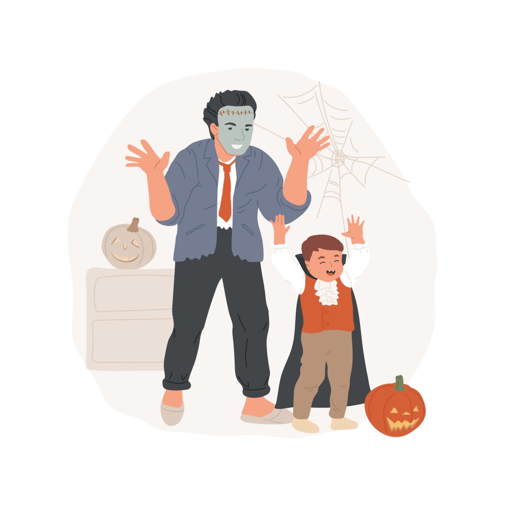 Scaring guests isolated cartoon vector illustration. Father and son in spooky costumes scaring guests, playing Halloween games, happy childhood, people celebrating holiday vector cartoon.. Scaring guests isolated cartoon vector illustration.