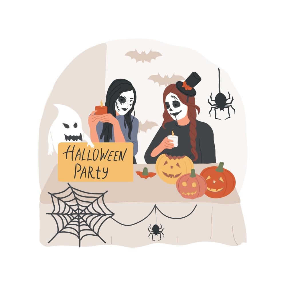 Party decor isolated cartoon vector illustration. Girls with scary makeup preparing for Halloween party, spider web at home, holiday celebration, traditionally decorated table vector cartoon.. Party decor isolated cartoon vector illustration.