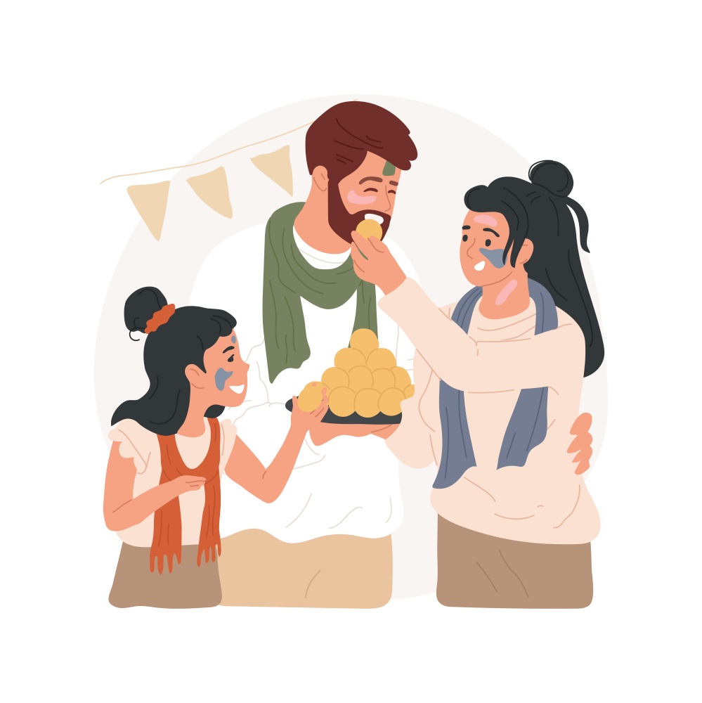 Eating sweets isolated cartoon vector illustration. Happy family celebrating Holi festival and eating traditional food, public holiday, spending vacation with relatives together vector cartoon.. Eating sweets isolated cartoon vector illustration.