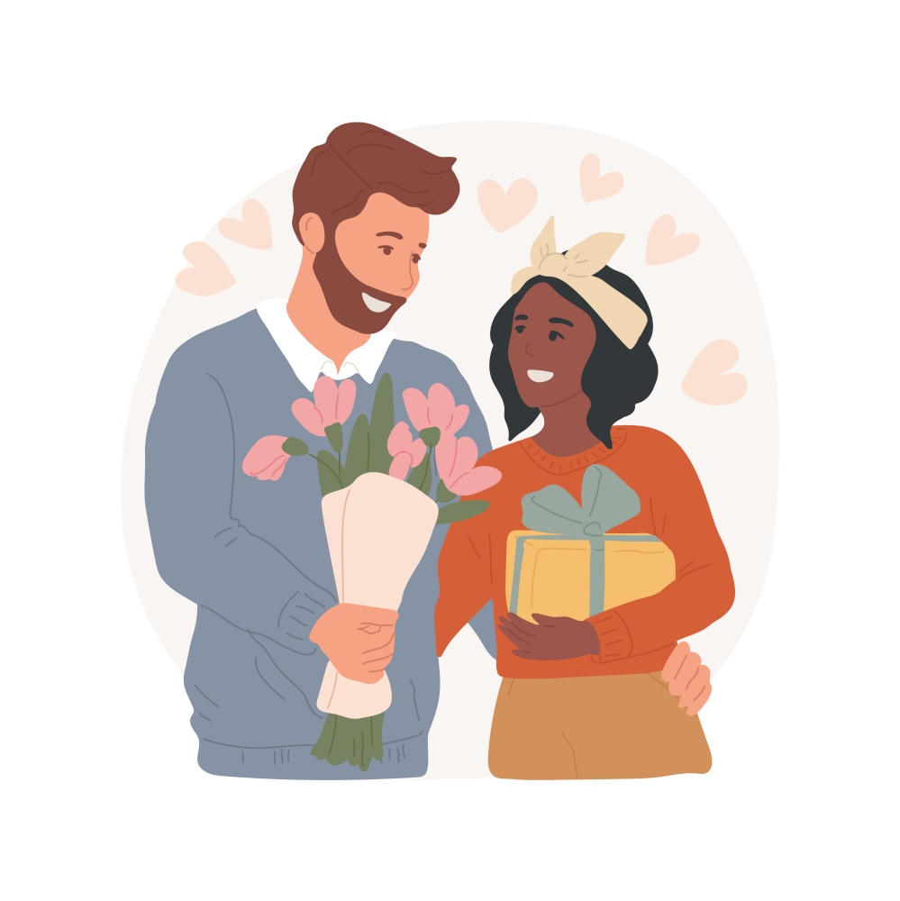 Valentines Day isolated cartoon vector illustration. Diverse couple celebrates saint valentines day, love and happiness, romantic relationship, gifts and flowers at the table vector cartoon.. Valentines Day isolated cartoon vector illustration.