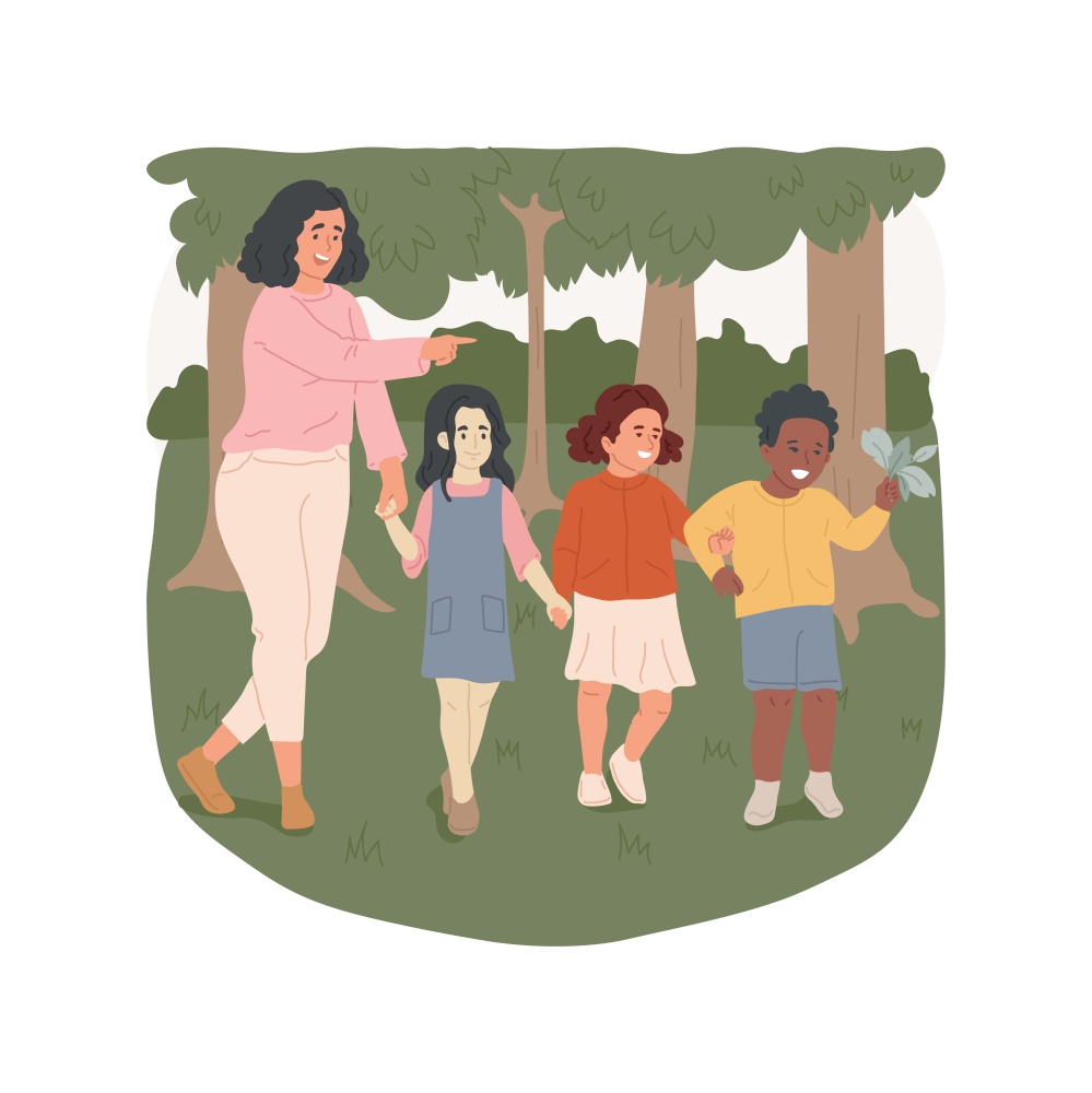 Forest school isolated cartoon vector illustration. Adult leading small group of children in the forest, unschooling, field trip, explore nature, seasonal outdoor activity vector cartoon.. Forest school isolated cartoon vector illustration.