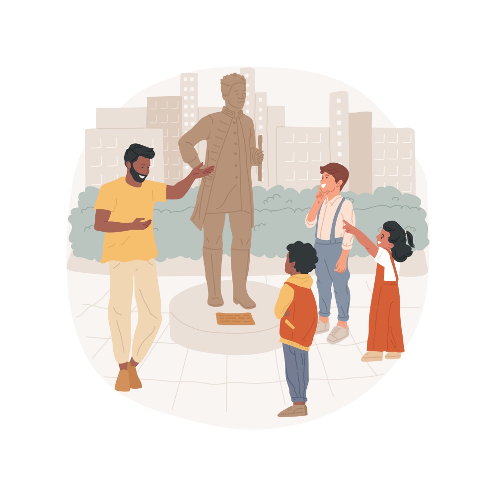 Field trips to local attractions isolated cartoon vector illustration. Field trip, homeschooling activity, adult and three children in front of a monument, historical attraction vector cartoon.. Field trips to local attractions isolated cartoon vector illustration.
