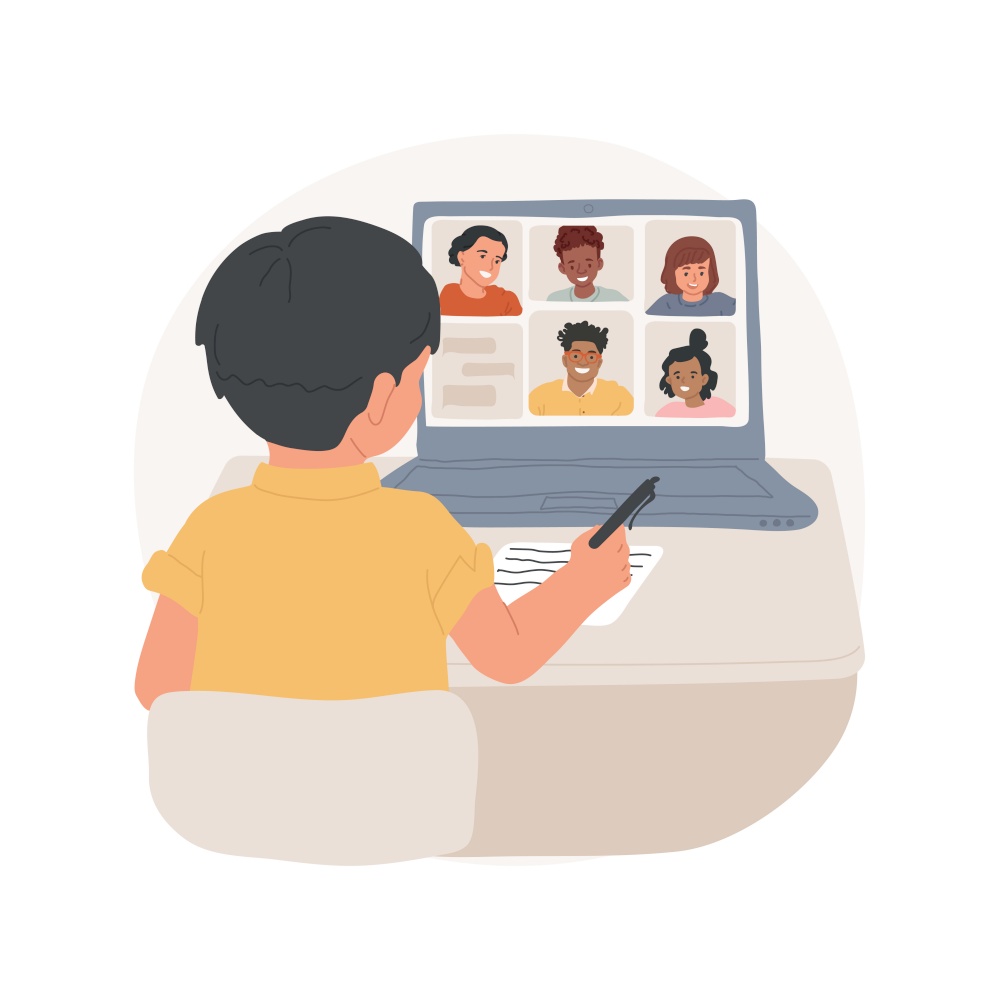 Virtual study group isolated cartoon vector illustration. Children socialization, virtual school program, group video chat, student with computer and headphones, study online vector cartoon.. Virtual study group isolated cartoon vector illustration.