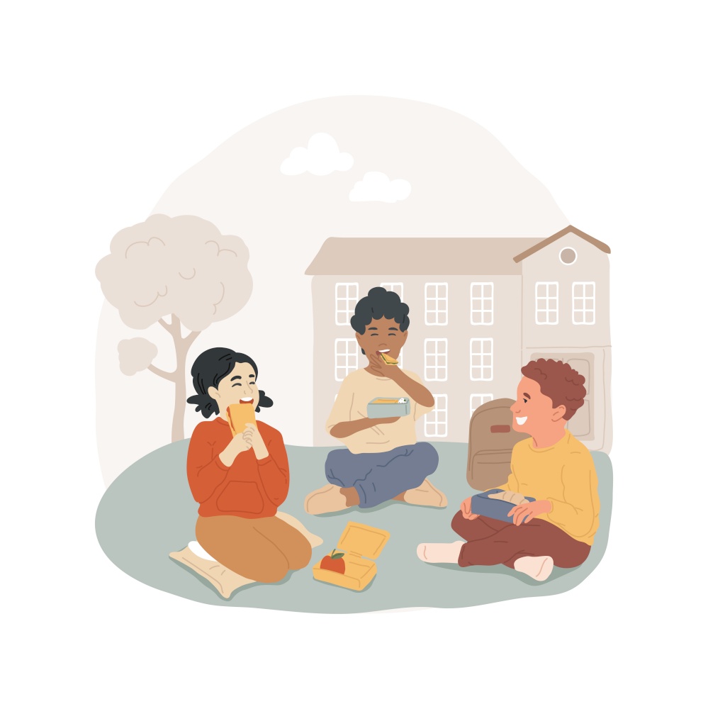 Lunch break isolated cartoon vector illustration. Group of children eating in the yard, lunch box from home, students sitting together outdoors, having snacks, school life vector cartoon.. Lunch break isolated cartoon vector illustration.