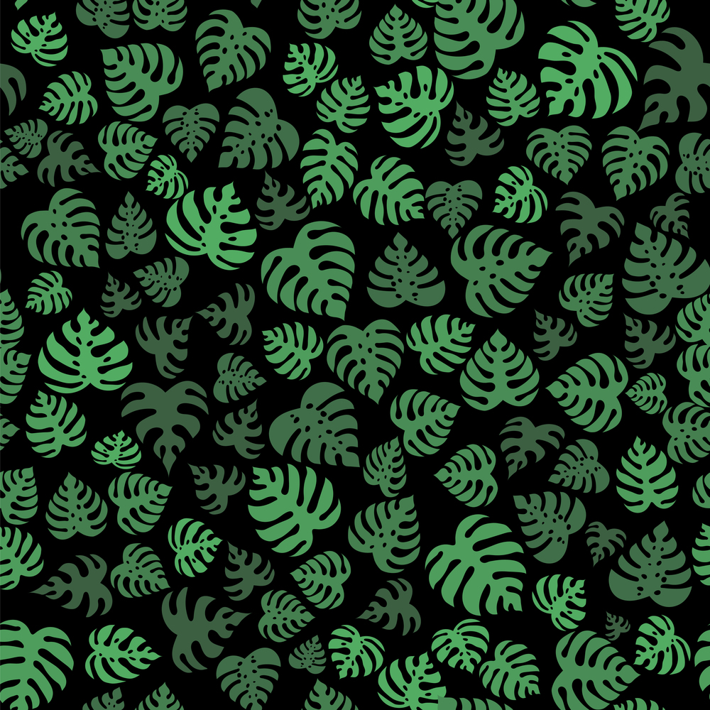 Icons with tropical palm leaves, monstera. Beautiful hand drawn exotic plants. Floral seamless background. Monsters isolated on black background. Monstera leaves, jungle.. Icons with tropical palm leaves, monstera. Beautiful hand drawn exotic plants. Floral seamless background. Silhouette of monstera leaves