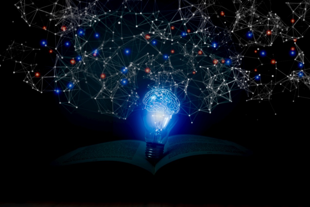 Light bulb on open book with virtual brain and connection line network education concept.creative thinking idea innovation strategy.