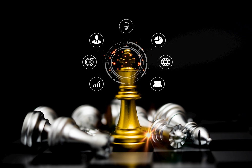 gold king battle with silver chess pieces on chess board game digital virtual icon. investment business digital marketing finance strategy concept.