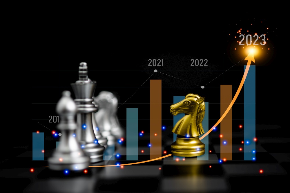 financial currency management profit financial growth chess game on board 2023 graph Money trade market analysis stock strategy success technology.