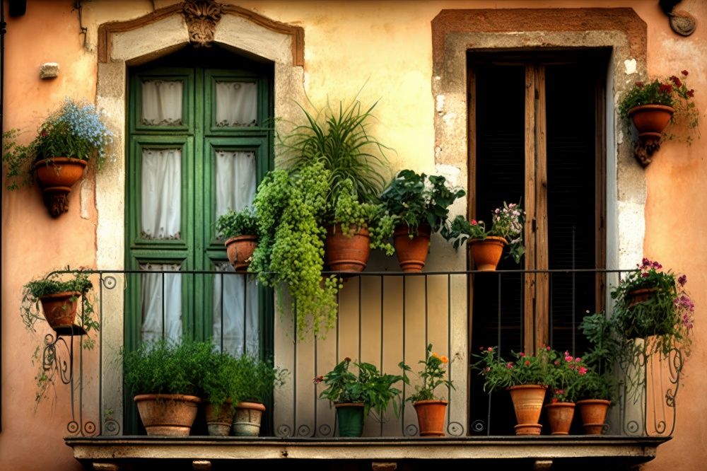 balcony with potted herbs on fa????? ?????????? ???
