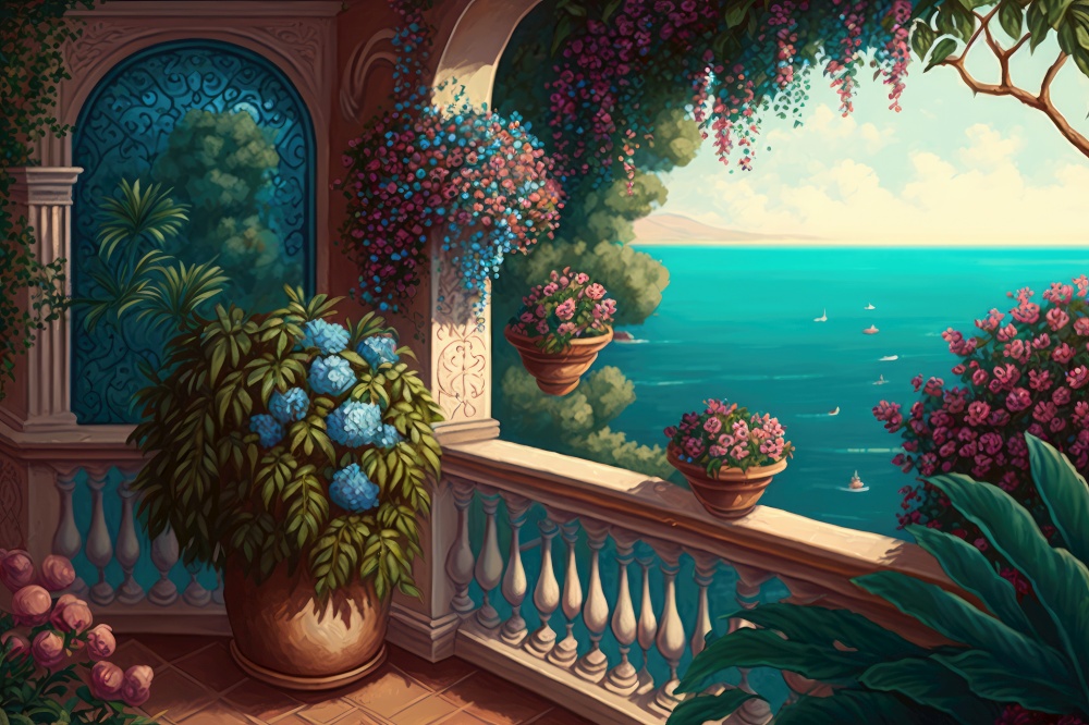 balcony with view of the ocean, surrounded by greenery and potted flowers, generative ai