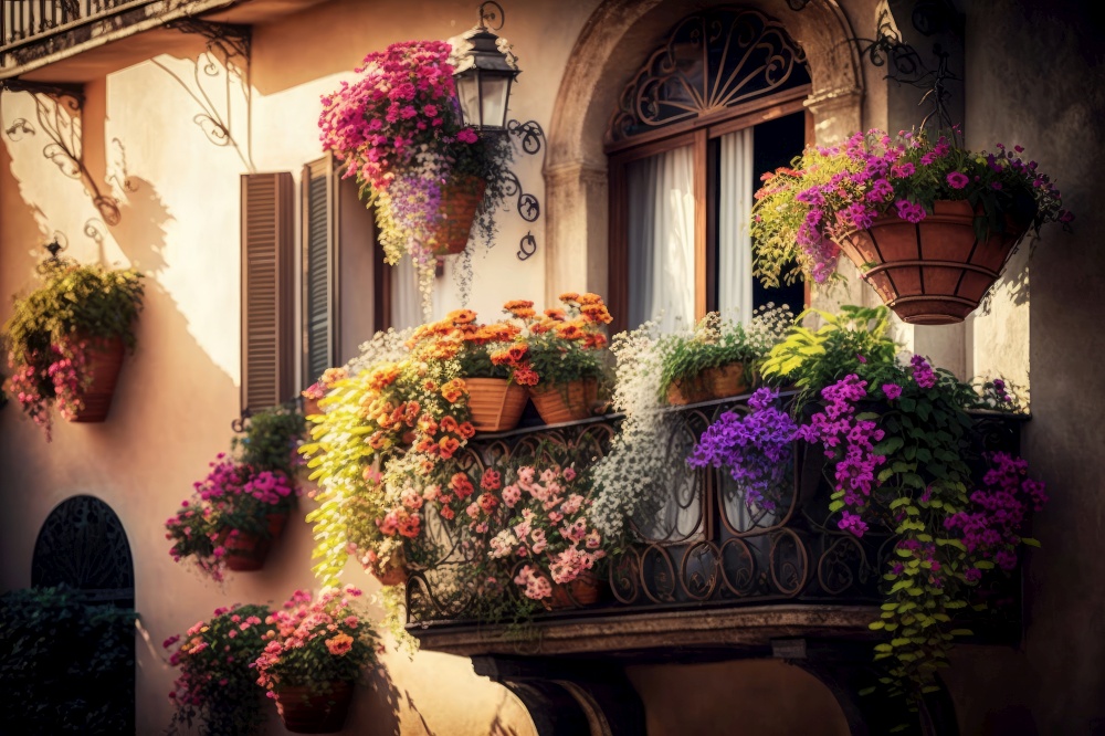 balcony with hanging baskets of flowers in the windowsill, generative ai