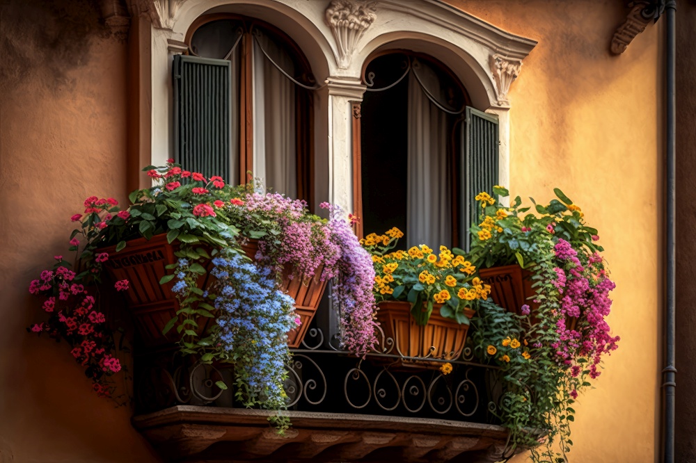 balcony with hanging baskets of flowers in the windowsill, generative ai