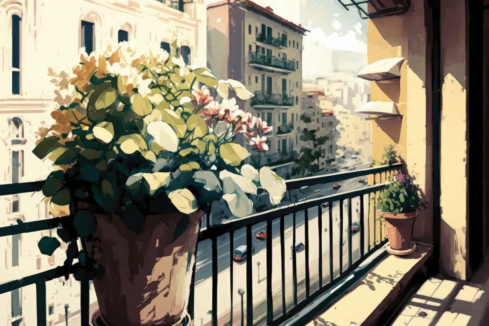 balcony with potted flowers and view of busy city street, generative ai