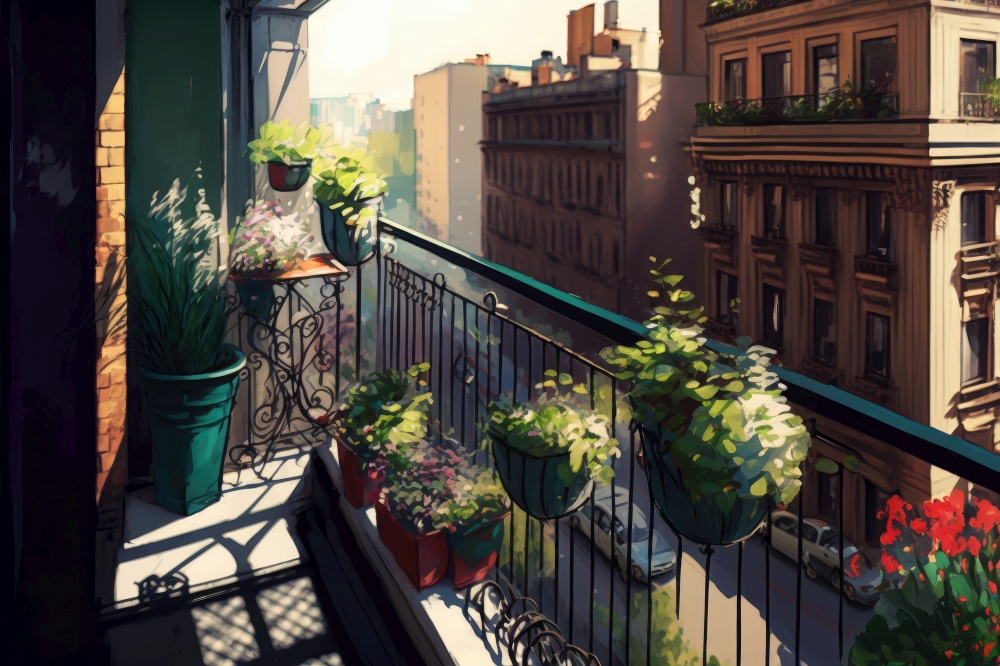 balcony with potted plants and hanging baskets, overlooking busy downtown street, generative ai